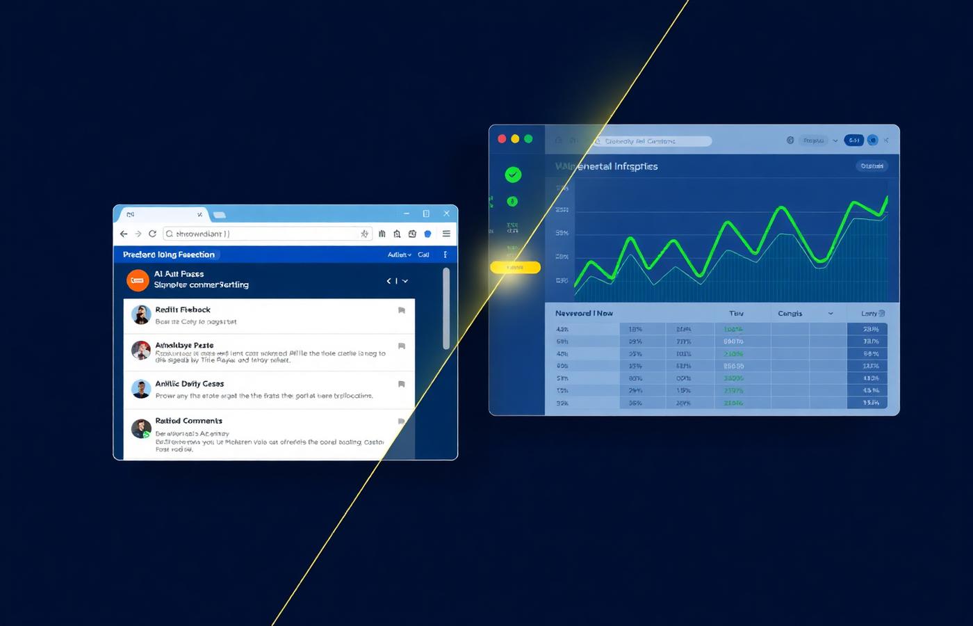TrafficOS AI engaging on Reddit and Facebook with analytics dashboard showing growth
